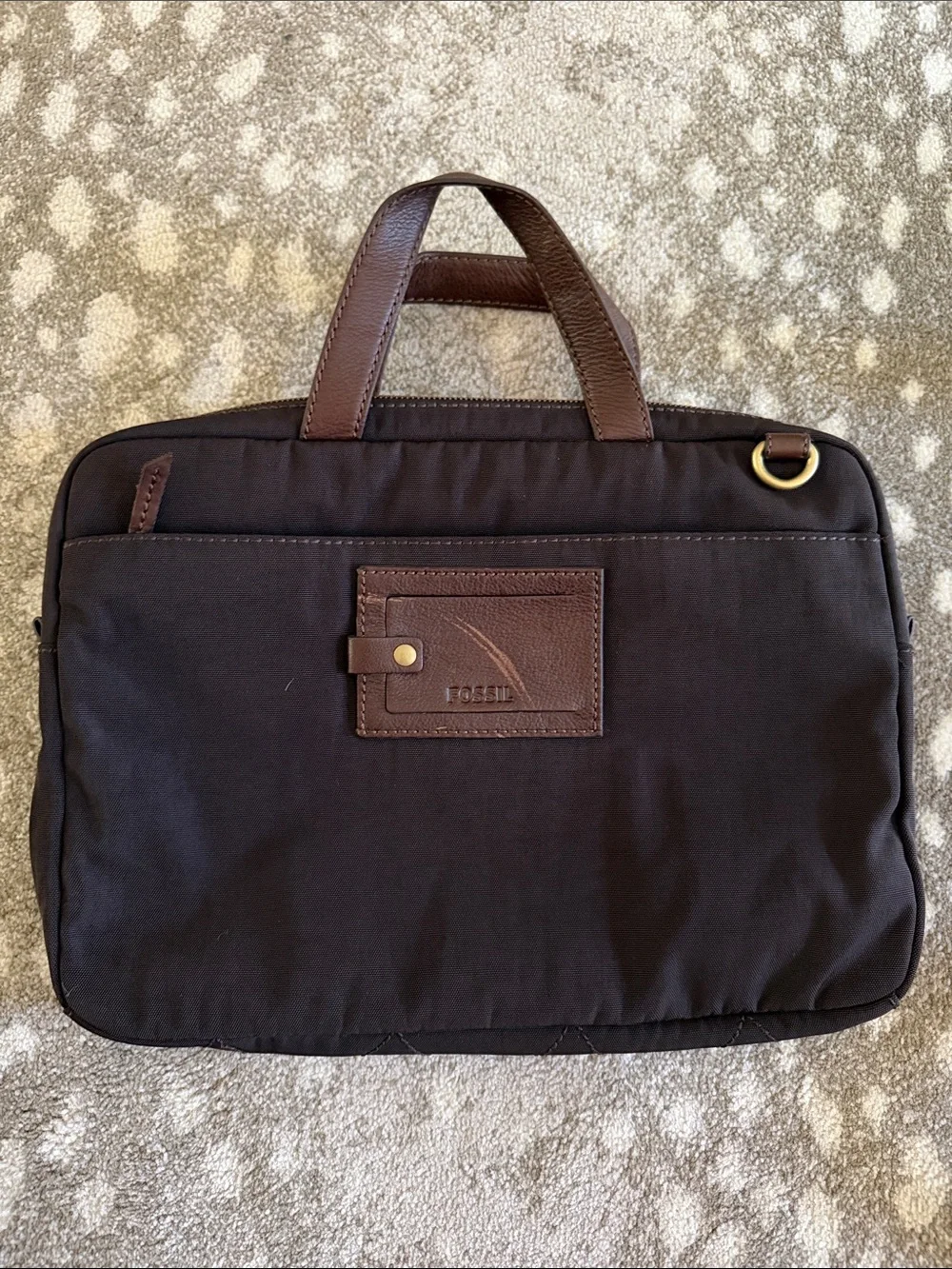 Fossil Mens  Brown Nylon Canvas Briefcase with Leather Handles and webbing strap